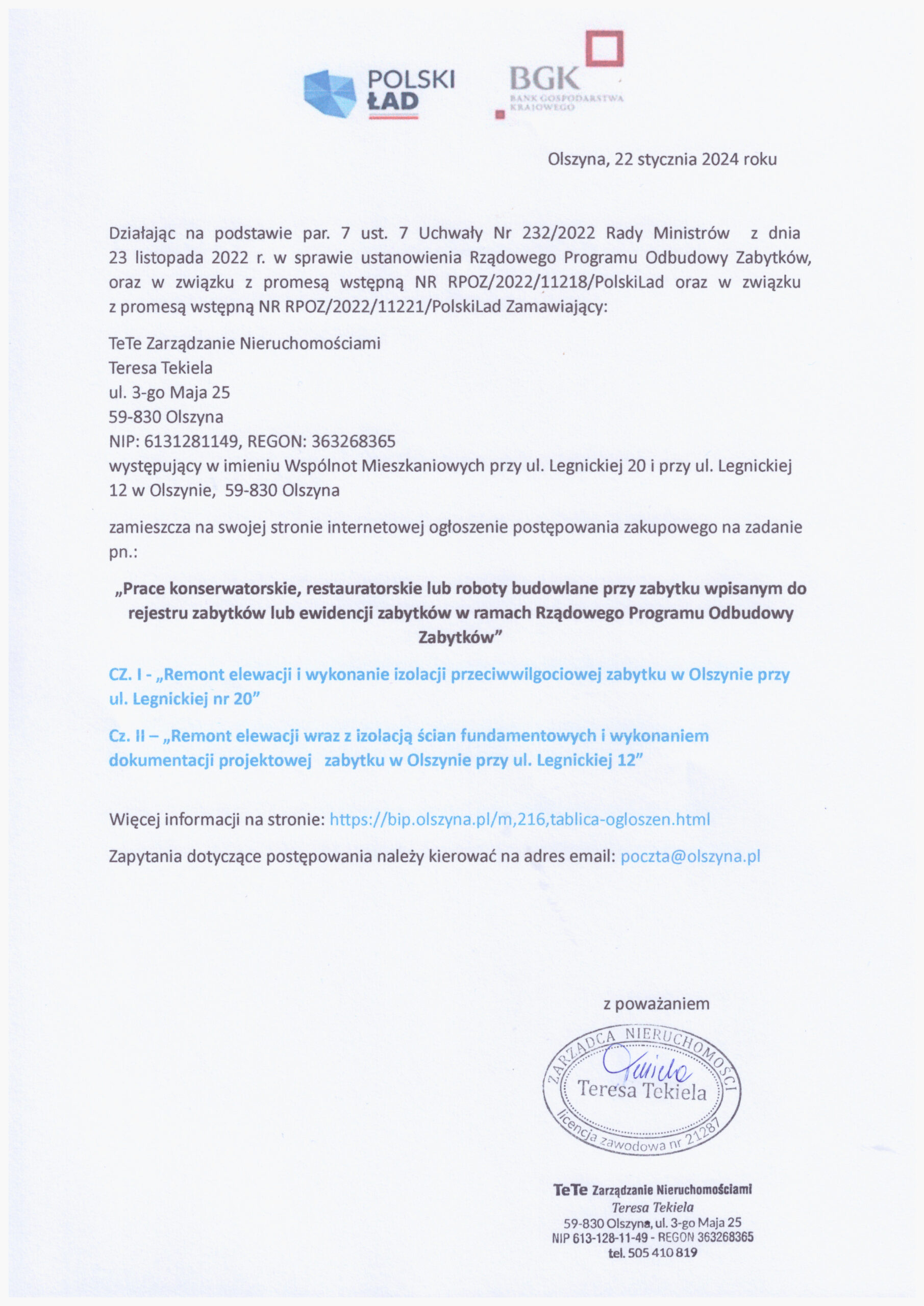 Legnicka 12 i 20 ogłoszenie